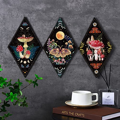 Sintuff 6 Pieces Gothic Wall Decor Boho Sun Moon Phases Wall Art Gothic Minimalist Stars Sun Hanging Wooden Home Decor Farmhouse Pediments for Gallery Living Bedroom Room(Mushroom) - style: Mushroom