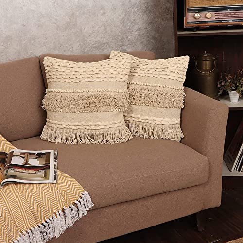 · REDEARTH · Tufted Throw Pillow Cushion Covers - Boho Textured Woven Decorative Cases Set for Couch - Sofa - Bed - Farmhouse - Chair - Covered Patio - car - 100% Cotton (18x18 ; Natural) Pack of 2 - color: Contructed Frill Natural, size: 18" x 18" (Pack