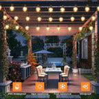OHLUX 30FT Solar String Lights Outdoor, Waterproof Solar Patio Lights with Remote, 17 Shatterproof LED Filament G40 Globe Bulbs, 2200K Soft White, Dimmable Outside Hanging Light for Backyard Deck - size: 35FT