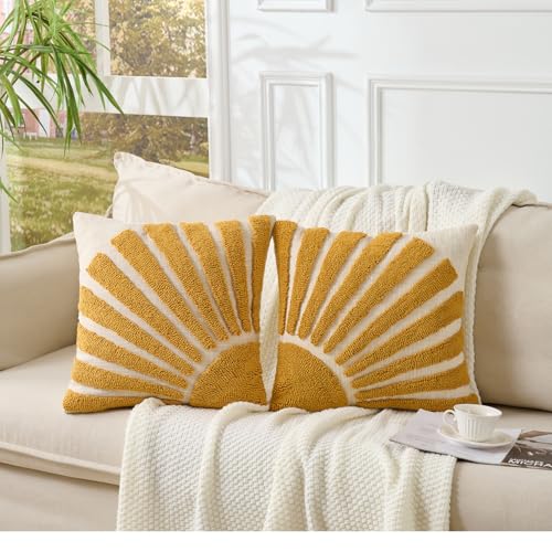 Zealax Yellow Decorative Throw Pillow Cover 18x18 Inch Modern Abstract Sun Tufted Pillow Case Square Soft Cushion Covers for Couch Bed Living Room Bohemian Home Decor(No Pillow Insert, 1Pc)