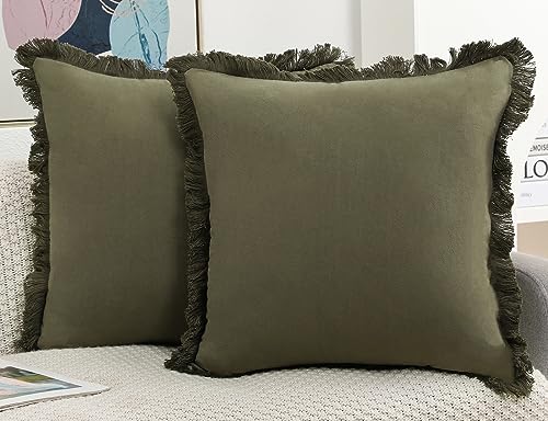 NUYECY Set of 2 Natural Linen Fringed Throw Pillow Covers,Olive Green Neutral Decorative Pillowcase with Chic Tassel Burlap Boho Square Cushion Covers for Couch Sofa Farmhouse,16x16 inches - color: Olive Green, size: 16" x 16" (Pack of 2)