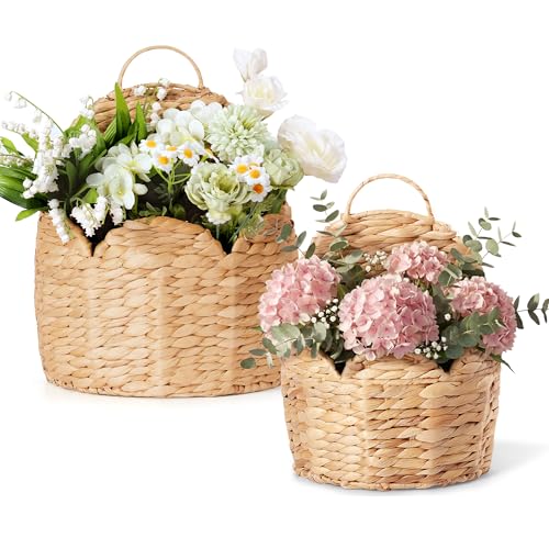 2 PC Door Basket Scalloped Hanging Storage Basket,Water Hyacinth Woven Wall Baskets for Front Door Decor, Hangable Storage Organize for Flowers,Planter,Mails,Wicker Baskets for Organizing Garden- S+L - size: S+L
