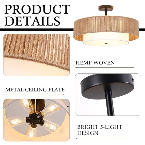 Bohemian Wicker Flush Mount Ceiling Light, 19.7" Double Drum Jute Rope Farmhouse Hanging Pendant Light Fixture, Hand-Woven Semi-Flush Mount Design for Bedroom, Living Room, Dining Room & Entryway - color: 19.7'' Hemp rope&Fabric Gold