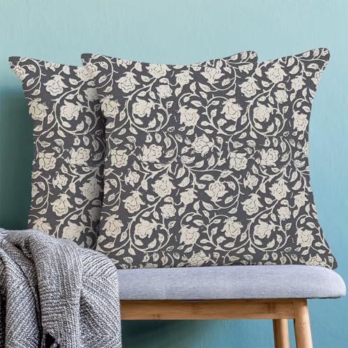 Floral Throw Pillow Covers 18x18 Set of 2, Flower Print Linen Decorative Pillow Cover Neutral Vintage Decoration Outdoor Cushion Cover Light Blue Floral Pillowcase for Sofa Couch Farmhouse Room - color: Floral Light Blue, size: 18" x 18" (Pack of 2)