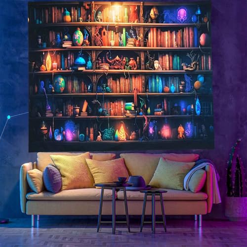 Algasan Blacklight Bookshelf Tapestry Fantasy Magic Book Wall Tapestry UV Reactive Witchy Gothic Tapestries Wall Hanging Aesthetic Poster for Bedroom Living Room Dorm 60 x 80 Inch