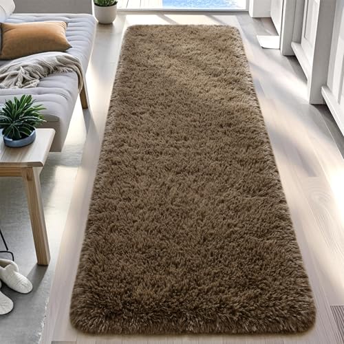 DweIke Fluffy Light Brown Runner Rugs for Bedroom, 2x6 Feet Soft Plush Long Runners for Girls Boys Kids, Non-Slip and Machine Washable Bedside Rug, Small Throw Carpet for Hallway Rooms Decor - color: Light Brown, size: 2 Ft X 6 Ft