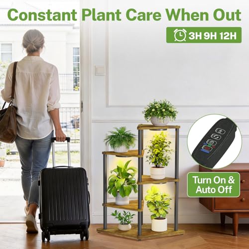 iDavosic.ly Tall Plant Stand with Grow Lights for Large & Heavy Duty Planters, 4 Tier Indoor Corner Flower Shelf with Wooden Trays & Metal Frame, Orchid Rack for Living Room Balcony, Black & Brown - size: 4 Tier with Light