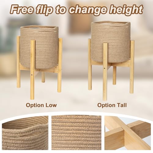Plant Basket with Stand, Indoor Round Wicker Basket Plant with Bamboo Wood Stand, Decorative Woven Rope Flower Indoor Planter with Legs, Boho Bamboo Wood Planter Holder (Jute) - color: Jute