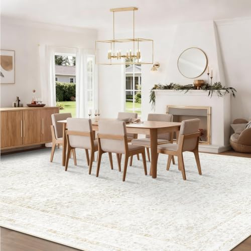 10x14 Area Rugs for Living Room: Washable Large Vintage Floral Rug Low Pile Non-Slip Boho Carpet for Bedroom Home Office Dining Room (FloralBeige, 10'x14') - color: Floral Beige, size: 10' x 14' (Rectangular)