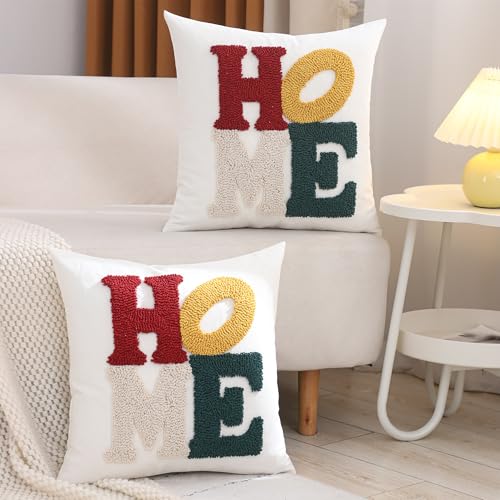 LUOYEHK Home Pillow Covers 18x18 Inch Set of 2 Words Tufted Embroidery Throw Pillow Covers Neutral Decorative Pillowcase Farmhouse Cushion Covers for Couch Sofa Bed Living Room - color: Home, size: 18" x 18" (Pack of 2)