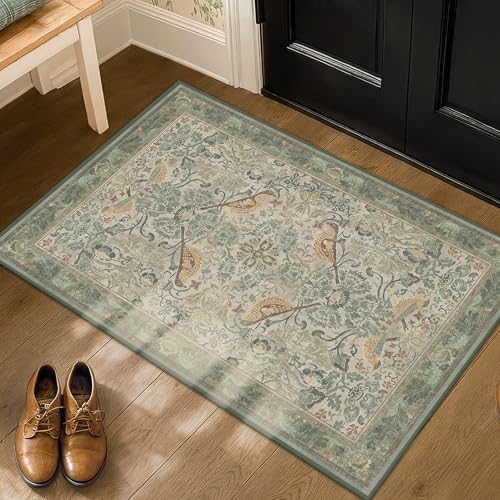Sage Green Boho Bathroom Rugs - 2x3 Washable Non-Slip Soft Low Pile Area Rug for Entryway, Kitchen, and Decorative Door Mats - Vintage Farmhouse Design with Bird & Botanical Pattern Boho Décor - color: Sage Green, size: 2' x 3' (Rectangular)