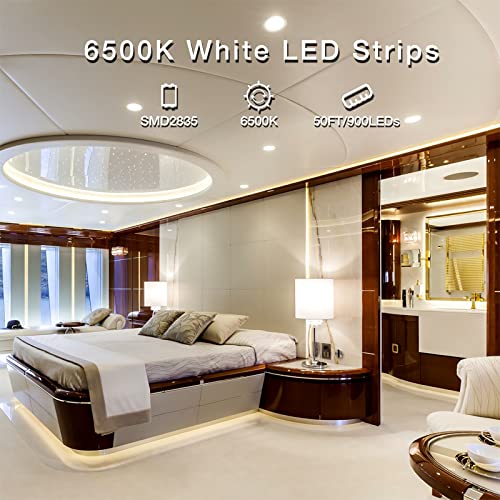 DAYBETTER White LED Strip Lights, 50 ft Dimmable 6500K Bright White Strip Lighting, 900 LEDs Tape LED Lights for Bedroom, Mirror, Kitchen, Home Decoration(2 Rolls of 25 ft) - color: Daylight White, size: 50FT