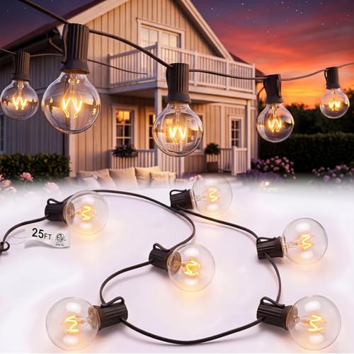 Abeja 25Ft Outdoor Patio String Lights, G40 Outdoor Globe String Lights with 27 Clear Bulbs, Hanging Light for Porch Backyard Deck Bars Wedding Indoor Decor, E12 Base, 5W Black Wire - color: 25FT Amber White-Black, size: 25FT
