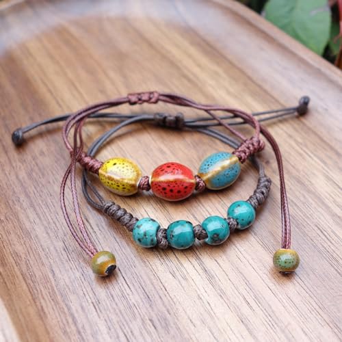 Handmade Green Boho Bracelets for Women, Bohemian Ceramic Beads Bracelets for Friends, Trendy Porcelain Stone Beaded Bracelets for Sisters - color: green and colorful