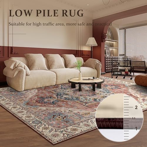 Deerly Vintage Area Rug 5x7 Boho Washable Rug for Living Room Bedroom Non Slip Low Pile 5x7 Rug for Kitchen Entryway Bedroom Dining Room Office, Brickred/Multi - color: Brickred & Multi, size: 5' x 7' (Rectangular)