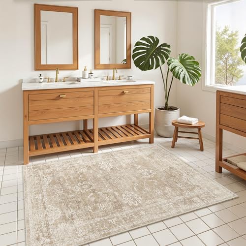 Madane 3x5 Area Rugs for Entryway,Washable Vintage Low Pile Non-Slip Throw Area Rugs, Accent Rug Floral Print Indoor Mat for Bedside Living Room Kitchen Bedroom, Beige/Brown - color: Beige/Brown, size: 3' x 5' (Rectangular)
