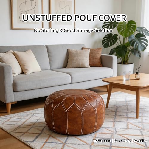 Thgonwid Round Unstuffed Pouf Cover, Faux Leather Storage Ottoman, Boho Moroccan Foot Stool, Multi-Purpose Home Decor for Living Room, Bedroom and Balcony, Brown, No Filling Included - color: Brown（no Stuffing）