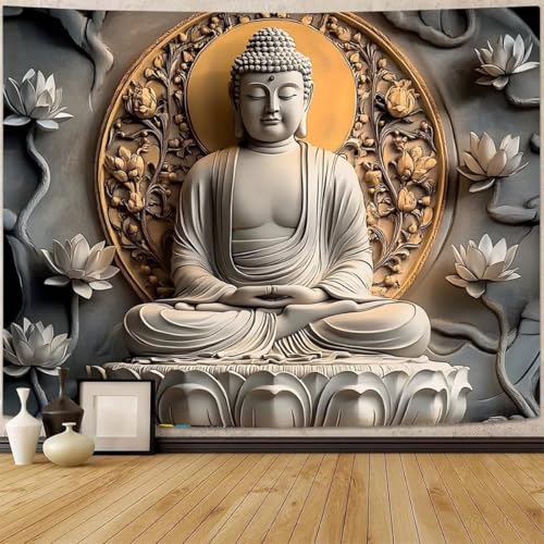 FENDROM Vintage Sitting Buddha Tapestry Wall Hanging Buddhist Statue Tapestries Lotus Meditation Wall Decor Psychedelic Indian Zen Art for Bedroom Living Room Home Decor - color: Orange, size: 79"L x 59"W