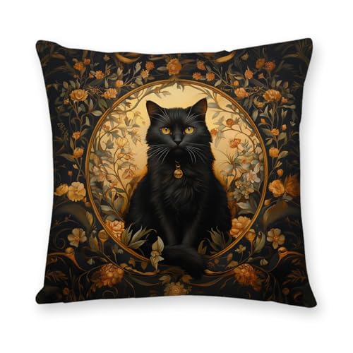 YOU FOUND ME William Morris Abstract Vintage Black Cat Design Throw Pillow Cover Home Decor, Art Decor Pillowcase Cushion Cover for Bed Sofa Living Room, Indoor and Outdoor 18x18inch (Black Cat) - color: Black Cat