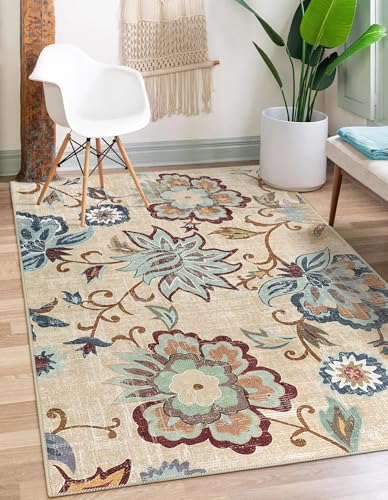 Beeiva Floral 5x7 Living Room Rugs, Non Slip Vintage Washable Beige Rug for Living Room, Paisley Bedroom Carpet with Rubber Backing Ultra Thin Carpet for Dining Room Office - color: Cream, size: 5' x 7' (Rectangular)