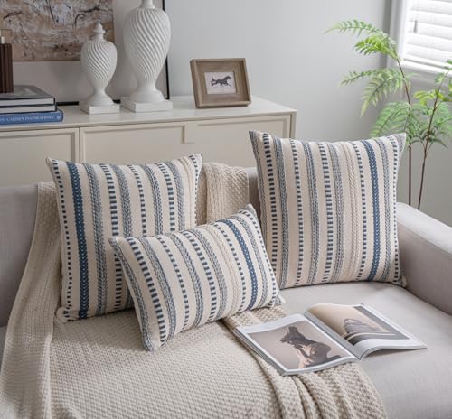 Cethom Blue and Beige Boho Lumbar Throw Pillow Covers 12x20 Inch Set of 2, Stripe Textured Decorative Couch Pillow Cases for Bed, Sofa, Living Room, Bedroom, Farmhouse Home Accent Cushion Covers - color: Blue, size: 20" x 12" (Pack of 2)