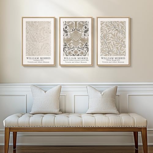 Framed Large William Morris Canvas Wall Art Set of 3, Vintage Neutral Botanical Floral Prints, Nature Artwork for Living Room, Bedroom, Hallway or Office Decor, 16x24 Inch - color: Vintage, size: 16"W x 24" H x 3Pcs