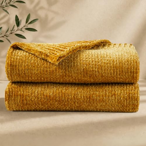 Chenille Throw Blanket for Couch, Cozy Soft Blanket Twin Lightweight Decorative Throw for Living Room Sofa Chair, Stylish Home Decor, Ideal for Gifting, Yellow 60"x80" - color: Yellow, size: Twin
