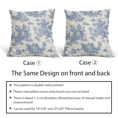 Blue Toile Pillow Covers 20x20 Inch Set of 2 Navy Blue and Beige French Country Cotton Linen Decorative Throw Pillow Case Cottage Vintage Cushion Cover for Bedroom Sofa Living Room Chair Home Decor - color: French Country Blue, size: 20" x 20" (Pack of 2)