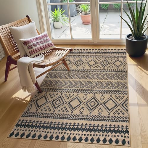 Lahome Easy Jute Boho Area Rugs for Entryway, 3x5 Washable Rug Non Slip Indoor Outdoor Carpet, Small Geometric Print Distressed Rugs, Low Pile Front Door Carpet for Porch Balcony - color: Boho-neutral, size: 3' x 5' (Rectangular)