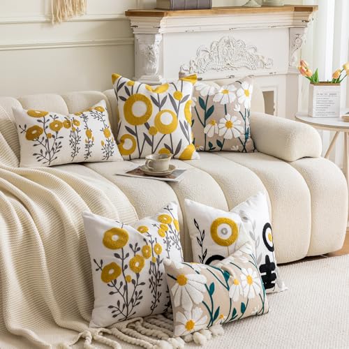 vctops Boho Floral Tufted Decorative Throw Pillow Cover Botanical Embroidered Cotton Cushion Cover for Couch Sofa Bed (Flower D,18"x18") - color: Flower D, size: 18" x 18" (Pack of 1)