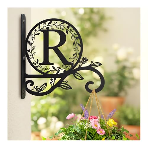 Personalized Metal Initial Letter R Plant Hanger Bracket, Decorative Wall Mount Hanging Plant Hook, Monogram Floral Leaf Garden Decor for Hanging Baskets, Bird Feeders, Lanterns, Wind Chimes - style: R