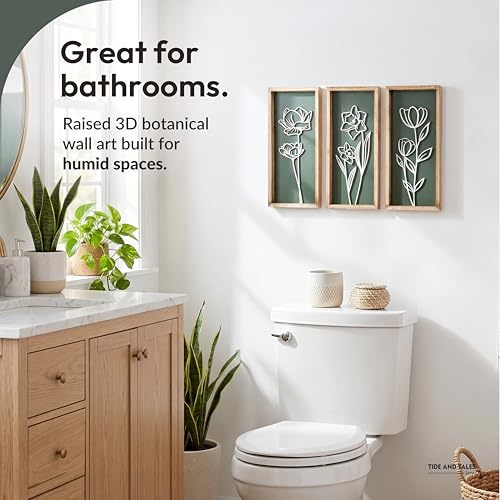 3D Floral Green Wall Art (Set of 3) Lightweight, Wooden Ready-to-Hang Boho Framed Wall Art for Bathroom, Master Bedroom, Living Room or Office - Premium Sage Green Farmhouse Decor - Gift-Boxed - color: Botanic Green, size: 7" x 16"