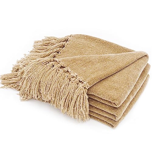 RECYCO Throw Blanket Soft Cozy Chenille Throw Blanket with Fringe Tassel for Couch Sofa Chair Bed Living Room Gift (Beige, 60" x 80") - color: Beige, size: 60'' X 80''