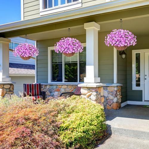 Artificial Faux Hanging Plants Flowers Basket for Outdoor Outside Spring Summer Decoration, Silk Purple Morning Glory in Planter UV Resistant Look Real Fake Flowers for Porch Patio Balcony Home Yard - color: Gradient Purple