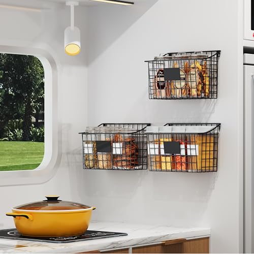 Wall Mounted Bin Basket with 5 Hooks 3 Label Plate Adhesive-3 Pack, Cabinet Hanging Metal Wire Basket,Rustic Farmhouse Decor, Storage Organization Shelf for Pantry Kitchen Bathroom 10.6*7.5*5.1inch - size: 3 Pack