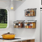 Wall Mounted Bin Basket with 5 Hooks 3 Label Plate Adhesive-3 Pack, Cabinet Hanging Metal Wire Basket,Rustic Farmhouse Decor, Storage Organization Shelf for Pantry Kitchen Bathroom 10.6*7.5*5.1inch - size: 3 Pack
