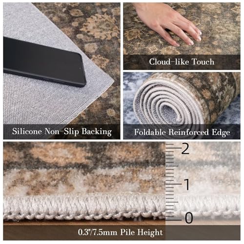 Washable 2x3 Entryway Rug, Boho Non-Slip Door Mat Vintage Distress Small Rugs for Kitchen Nursery Office Bedroom, 0.3" Neutral Oriental Throw Carpet with Cushioning Pad, Red/Brown/Multi, C4 - color: Deep Brown/Multi, size: 2' x 3' (Rectangular)