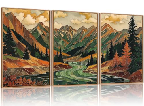 HPINUB Abstract Boho Mountain Framed Canvas Wall Art Set,Vibrant Forest Pine Tree Wall Decor,Textured Landscape Artwork Rustic Linear Scenery Art Print for Living Room,Bedroom,Office-24 x36 x3 - color: Abstract Mountains Wall Art, size: 24"L x 36"W