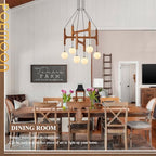 Farmhouse L28 '' Wooden Chandeliers with Milk Glass Globes Lampshades, Rustic Unique Mid Century Long 6-Light Pendant Chandelier for Living Dining Room Entryway Bedroom Kitchen,G9,Wood Stained Walnut - color: Walnut, size: L28 inches