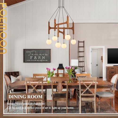 Farmhouse L28 '' Wooden Chandeliers with Milk Glass Globes Lampshades, Rustic Unique Mid Century Long 6-Light Pendant Chandelier for Living Dining Room Entryway Bedroom Kitchen,G9,Wood Stained Walnut - color: Walnut, size: L28 inches