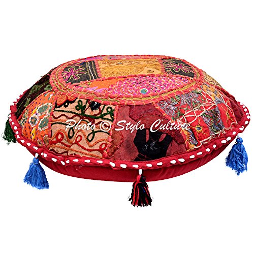 Indian Round Floor Pillow Vintage Bohemian Patchwork Cushion Cover Colorful Small Throw Pillow Covers 18 x 18 Decorative Tuffet Seat Pouf Cover Footstool Cotton Embroidered 1 Pc - color: Multicolor