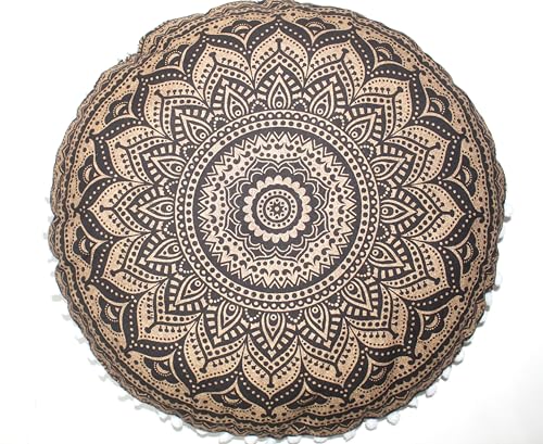 Black Gold Ombre Round Mandala Floor Pillow Cover Seating Cushion Throw Cover Hippie Decorative Bohemian Ottoman Pouf Cover, Pom Pom Pillow Cases,Boho Indian 32 Inches - color: Black Gold, size: 32" Round