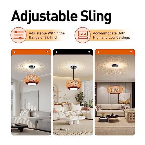 16" Bamboo Wicker Lampshade Rattan Pendant Light, Drum Shape Pendant Light Hanging Fixture Light, Hanging Light Chandelier for Farmhouse Hallway Entryway Porch