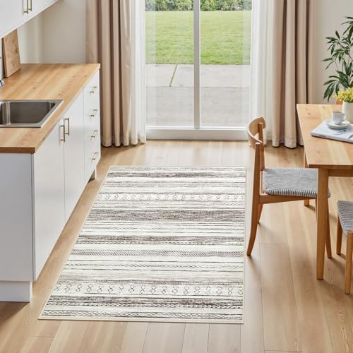 Tortania Area Rug Living Room Rugs - 3x5 Washable Large Soft Neutral Boho Moroccan Bohemian Farmhouse Rug Indoor Floor Carpet for Bedroom Under Dining Table Home Office Decor - Cream Brown - color: Cream/Brown, size: 3' x 5' (Rectangular)