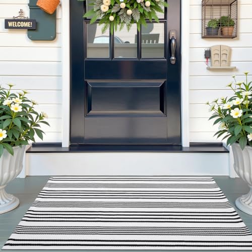 OLANLY Black White Modern Striped Rug 2' x 3' (24" x 36") – Washable Cotton Indoor Outdoor Doormat for Front Door, Entryway, Kitchen, Porch, Patio Decor - color: Black and White, size: 2' X 3' (Rectangular)