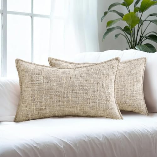 HAUSSY Pack of 2 Lumbar Pillow Covers 12x20 Inch, Reversible Chenille Decorative Throw Pillows Farmhouse Boho Neutral Cushion Covers Home Decor Soft Pillowcases for Couch Living Room Sofa Bed, Beige - color: Beige, size: 20" x 12" (Pack of 2)