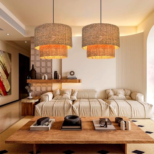 Arturesthome Rustic Pendant Light Fixture, Woven Rattan Lampshade Coastal Hanging Lighting, Adjustable Vintage Farmhouse Chandelier Lamp Shade for Kitchen Island Dining Room - size: 15.7in * 12.5in