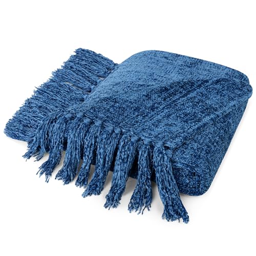 PAVILIA Blue Chenille Throw Blanket for Couch Sofa, Soft Knit Throw with Tassel, Decorative Blanket for Bed Chair Living Room, Blue 50x60 - color: Blue, size: 50 X 60 Inches - Throw