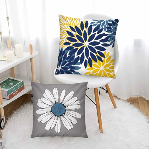 COMMINY Navy Orange Throw Pillow Cover 18x18 Set of 6, Grey Blue Pillow Covers, Daisy Dahlia Pillowcase, Square Cushion Covers for Couch Sofa Living Room Home - color: Navy Blue Orange, size: 18" x 18" (Pack of 6)