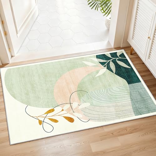 MUJOO 2x3 Washable Rug Small Area Rugs for Entryway Kitchen Bedroom,Boho Non Slip Throw Carpet for Bathroom Entrance Door Mat Mid Century Modern Abstract Botanical Geometric Accent Green - color: Green（modern）, size: 2' x 3' (Rectangular)